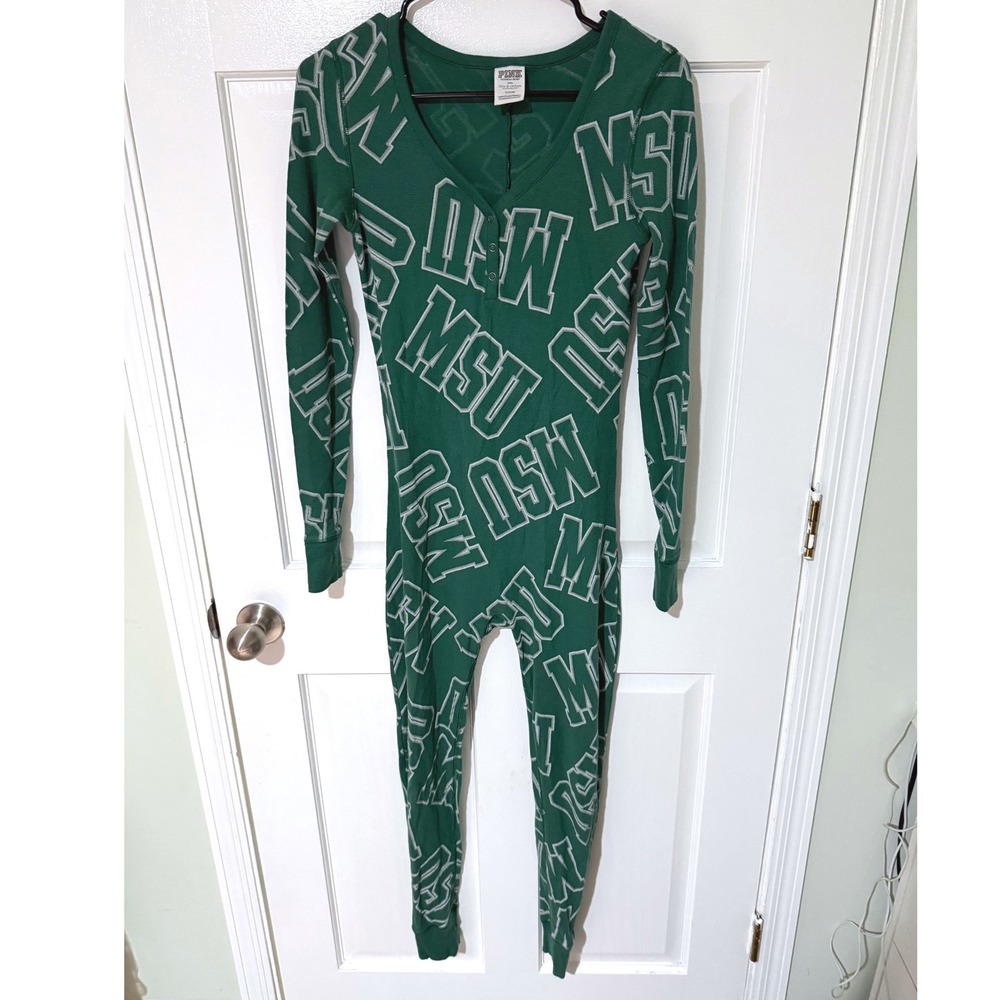 PINK Victoria's Secret MSU Michigan State University Thermal Union Suit Green S